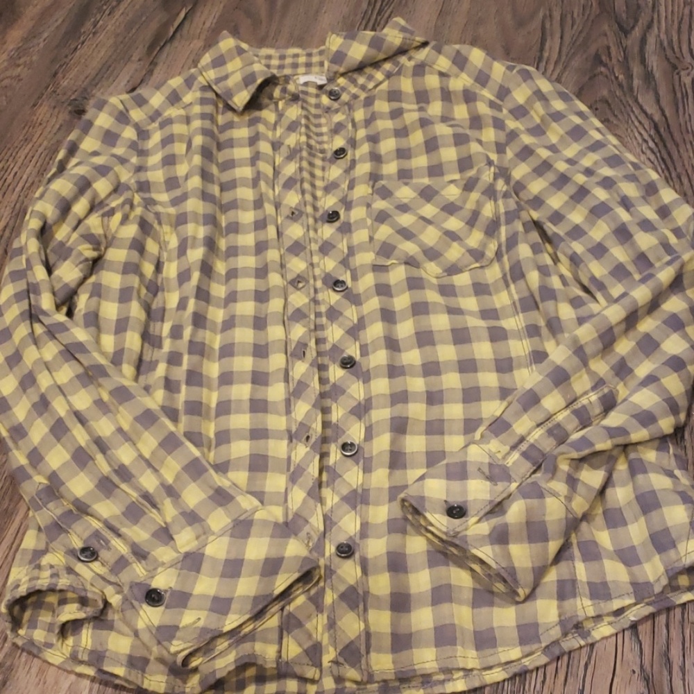 Checkered yellow and grey button up fannel